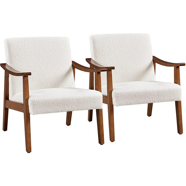 Yaheetech Fabric Accent Chair, Mid-Century Modern Armchair with Solid Wood Legs, Reading Leisure Chair with High Back for Living Room Bedroom Waiting Room, Set of 2, Ivory