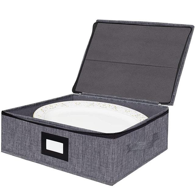 Platter Storage Case Stackable-China Storage Containers,with Hard Lid Height of 5.3'' and Quilted and Padded Surfaces - Structured Top, Bottom and Sides,4 Felt Dividers Included(Grey)