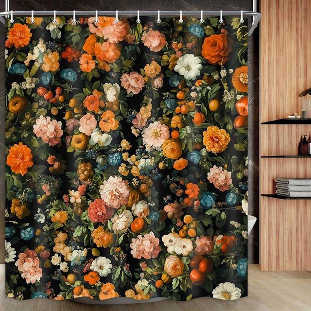 Drgilau Vintage Floral Shower Curtain Set - Orange Red Flower Plants, Waterproof Boho Curtain with 12 Hooks - 70x90 Inch