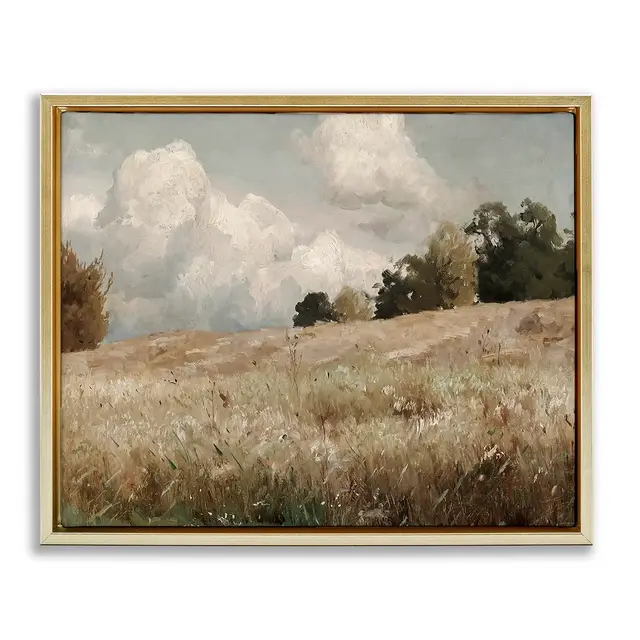Stupell Industries Classic Cloudy Field Landscape Floating Frame Canvas Art, Gold, 31" x 25"