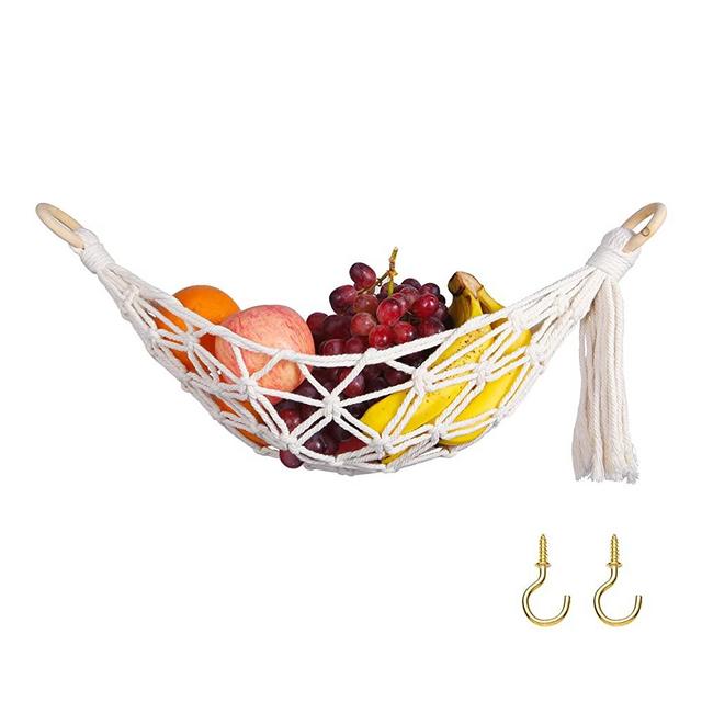 DEWECHO Macrame Fruit Hammock Under Cabinet - Banana Hammock for Boho Kitchen Decor - Hanging Fruit Hammock to Store All Your Produce in Small Places - Kitchen Storage Ideas also for RV