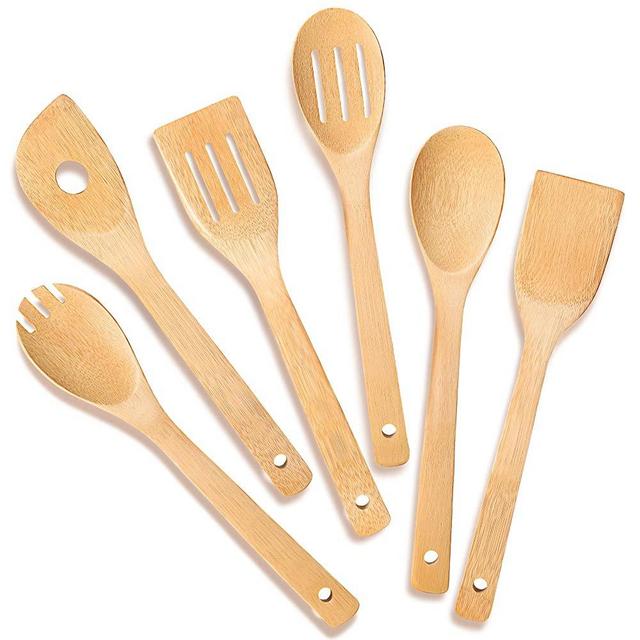 IOOLEEM Cooking Utensil Set (6, Natural Bamboo), wooden spoons for cooking, spatula set, wooden utensils for cooking, bamboo utensils, wooden spatula for cooking