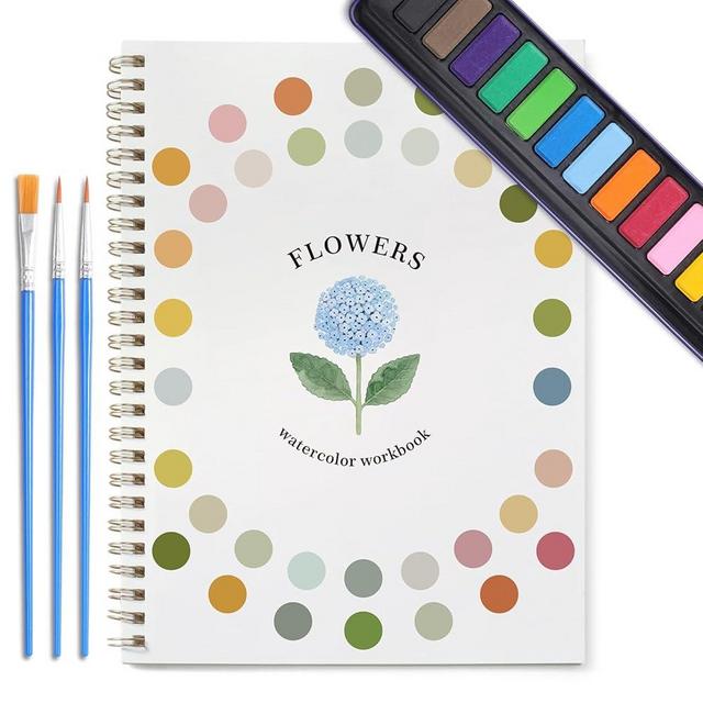 Dancart Watercolor Kit with Outlines, 12 Colors Rustproof Box, 3 Brushes & Multi-Theme Painting Kit for Teens & Adults (Round-Blue flower)