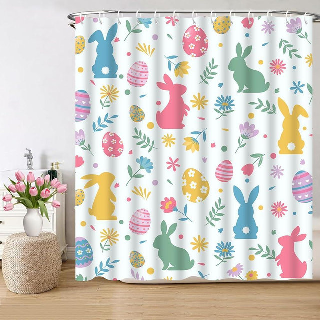 Hauwellter Spring Easter Bunny Shower Curtains for Bathroom, Colorful Eggs Fabric Shower Curtain with Hooks for Spring Easter Home Bathroom Decorations 71x71 Inches