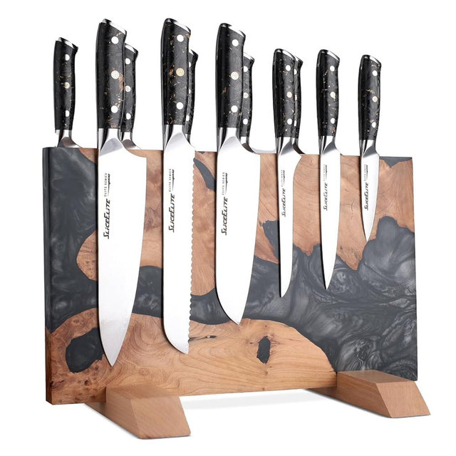 SliceElite Magnetic Knife Block Double Sided Holder East Indian Walnut Black Resin Dual Surface Magnet Storage for Knives on Kitchen Countertop Holds Up To 20 Knives