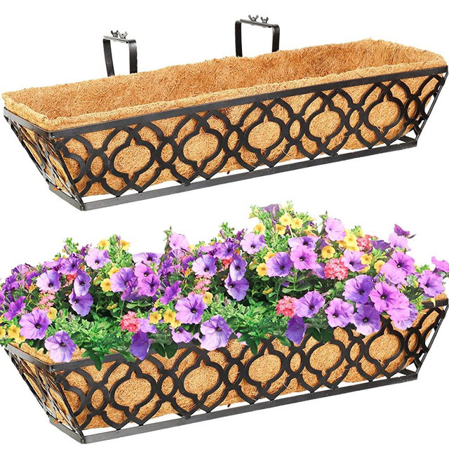 Y&M 24" Window Boxes Horse Trough with Coconut Coir Liner, 2pcs 24 Inch Window Deck with Coco Liner, Black Metal Hanging Flower Planter Window Basket Deck Railing Planter Boxes for Outdoor Indoor Lawn
