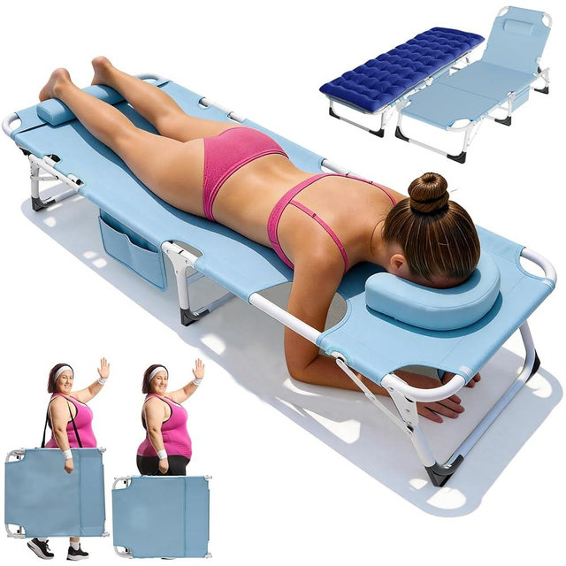 ABORON 3 in 1 Sun Tanning Chair, Heavy Duty Folding Chaise Lounge Chairs, Oversized with Mat/Pillow/Face Arm Hole, for Beach Pool Lawn Yard Patio