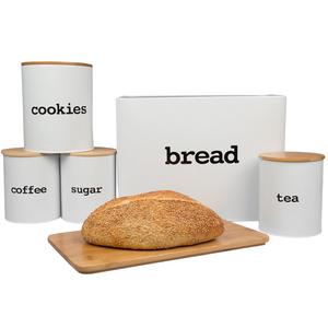Bread Box (Extra Large) and 5 Piece Kitchen Canister Set w Bread Cutting Board- Deluxe Food Storage Containers with Air Tight Bamboo Lids