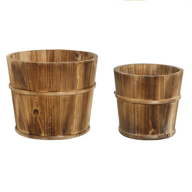 Set of 2 Country Rustic Brown Wood Succulent Pots Planters / Flower Buckets - MyGift