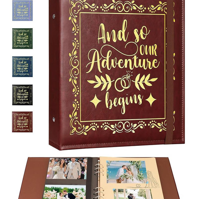 4x6 Wedding Photo Album Holds 100 Photos & 20 Acid-Free Writing Sheets, Leather Scrapbook And So Our Adventure Begins, Romantic Memory Book for Couples, Bride & Groom Wedding Gift (Brown)