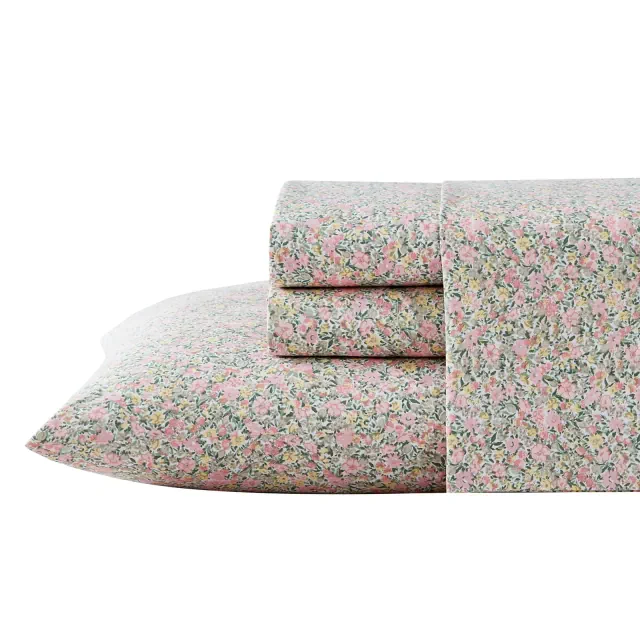 Laura Ashley Loveston 100% Cotton Percale- 4 Piece- Sheet Set Pink- Queen