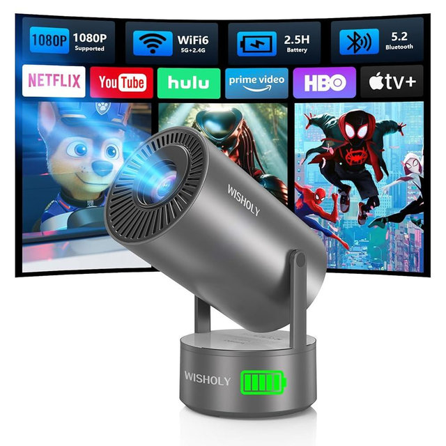 Portable Projector with Built-in Battery for Outdoor & Travel, Mini Projector with WiFi and Bluetooth, 1080P Supported, Electric Focus, Auto Keystone, 210° Rotatable Stand Home Theater( Iron Gray)