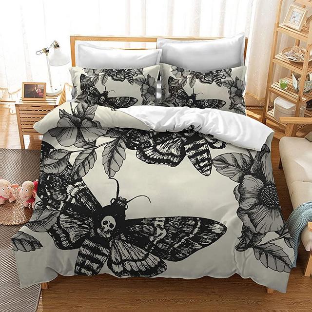 Skull Bedding 3D Digital Printing Death Moth and Flower Cream 100% Brushed Microfiber Bedding 3pc Duvet Cover Sets King Size