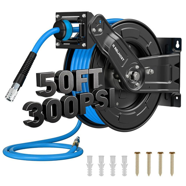 Relhost Retractable Air Hose Reel, 50 ft x 3/8 in Hybrid Air Hose Max 300PSI, Heavy Duty Air Compressor Hose Reel with Auto Rewind, Ceiling/Wall Mount for Garage, Workshop, Home Studio