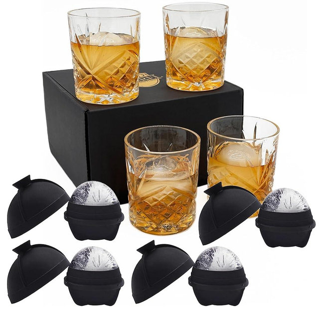 Old Fashioned Glasses with Gift Box - 10oz Scotch Glasses Whiskey - Crystal Glass Rocks Glasses Set of 4, 4 Ice Ball Molds, Whiskey Set Men, Birthday Christmas Gift