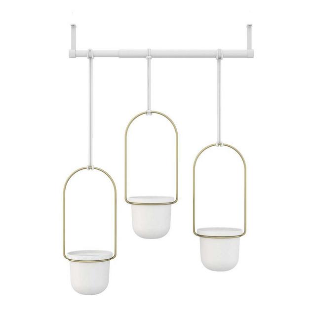 Triflora Hanging Planter, White & Brass