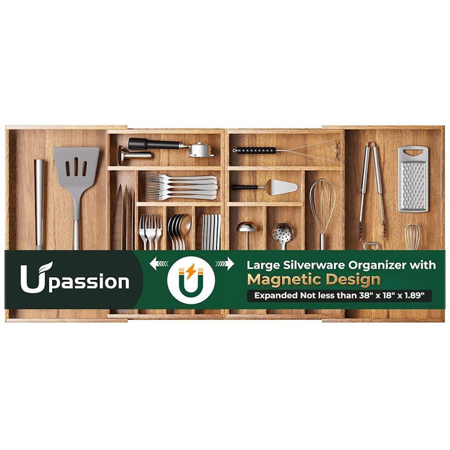 Large Silverware Organizer, 13 Slots Magnetic Connected Expandable Acacia Wood Utensil Drawer Organizer From 21 to 37.4 Inches, Adjustable Flatware and Cutlery Holder, Utensil Tray for Kitchen Natural