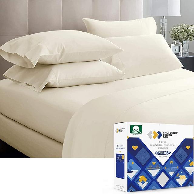 California Design Den Luxury Sheets 1000 Thread Count 100% Cotton Sheets, Very Smooth Soft & Thick with Deep Pockets Vs. Egyptian Cotton Sheets, 4 Pc Set (Queen, Ivory)