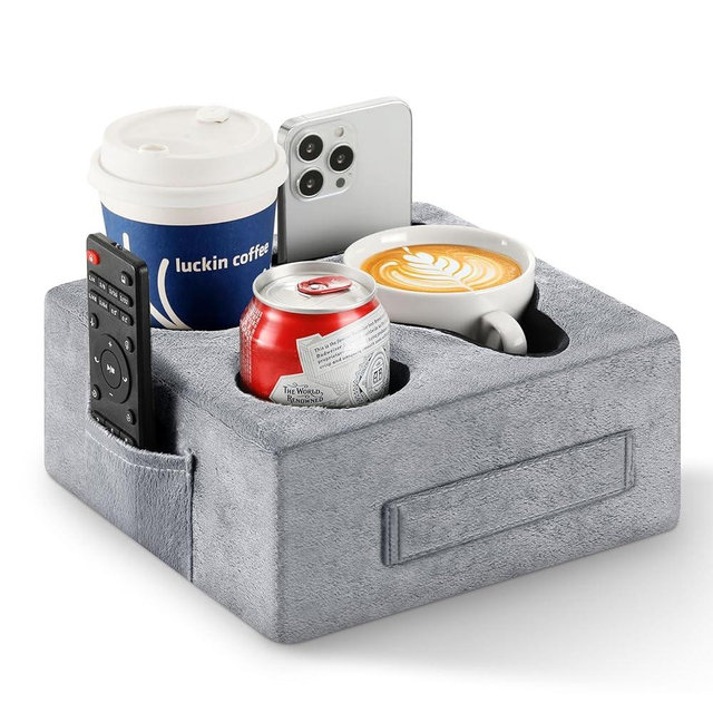 Luxspire Couch Cup Holder Tray, Couch Cup Holder Pillow with 4 Holes, Side Pocket and Handle, Couch Caddy Pillow for Phone/Drinks/Remote Control/Snacks, Gray