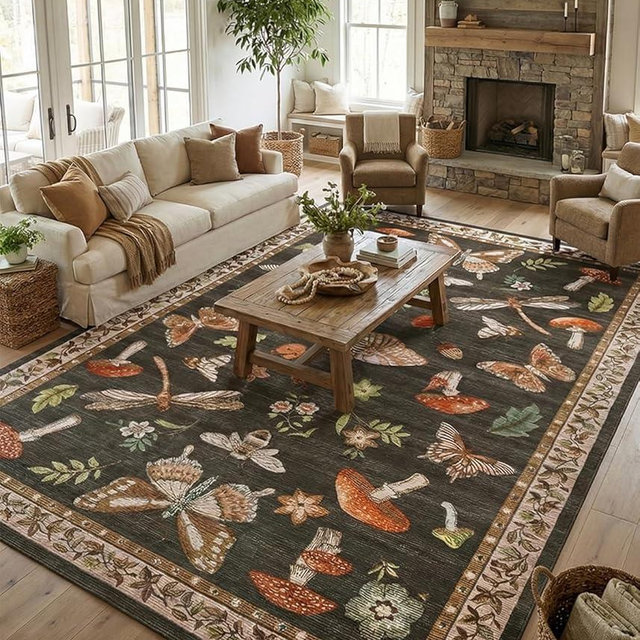 Mushroom 10x13 Area Rug for Living Room Washable Non Slip Forest Soft Low-Pile Stain Resistant Thin Large Throw Carpet for Bedroom Dining Room Office Brown