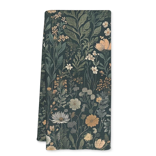 JFFTLL Vintage Moody Floral Kitchen Towels, Dark Green Fern Herb Botanical Decorative Dish Tea Towels for Kitchen, Rustic Dark Cottagecore Plant Hand Towel for Bathroom Decor, 16x24 Inch