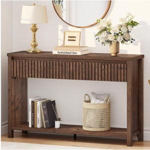 BON AUGURE Console Table with 2 Drawers, 47In Entryway Table with Storage, Sofa Tables with Two-Tier Shelf, Narrow Farmhouse Fluted Couch Tables for Living Room, Rustic Oak