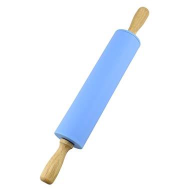 Silicone Rolling Pin Non Stick Surface Wooden Handle 1.97X15.15 (Blue)
