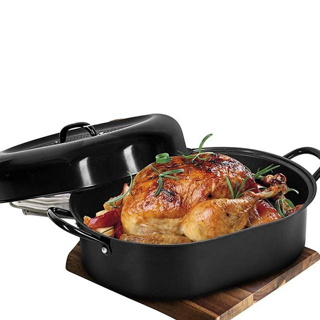 Granitestone 18” Nonstick Roaster, Covered Oval Aluminum Roasting Pan for Turkey, Poultry, Meats, Baking & More – Dishwasher Safe, black, large