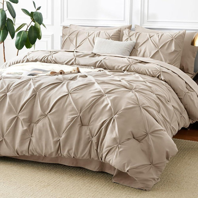 CozyLux Queen Comforter Set Wheat, 7 Pieces Pintuck Bed in A Bag, Premium Wheat Comforter Queen Size, Pinch Pleat Bedding Sets with Comforter, Sheets, Pillowcases & Shams