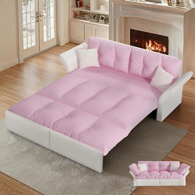 CAPCAEK 74.8" Queen Pull Out Sofa Bed, Luxury Velvet Convertible Sleeper Sofa Couch Futon, Comfy Cloud Futon Bed Pull Out Couches,Velvet Loveseat Couch for Living Room (Pink, 74.8'')