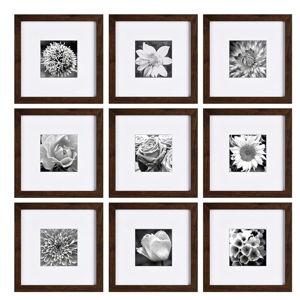 Yaetm 8x8 Picture Frame with Mat for 4x4 Set of 9, Square 8x8 Frame Brown Wood Grain, Gallery Wall Frames 8 x 8 for Wall Mounting Display (9 Pack, Brown)