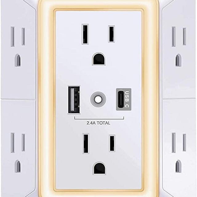 USB Wall Charger, Surge Protector, POWRUI 6-Outlet Extender with 2 USB Ports (1 USB C Outlet) and Night Light, 3-Sided Power Strip with Adapter Spaced Outlets - White，ETL Listed
