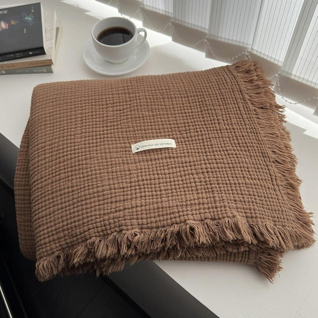 MorroMorn 100% Cotton Muslin Throw Blanket with Fringes 50"x60", 4-Layer Cotton Gauze Blankets for Adults, Boho Bedding Breathable Lightweight Ultra-Soft for Couch Bed Sofa All Seasons, Brown
