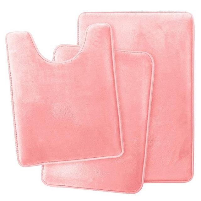 Clara Clark Memory Foam Bath Mat Ultra Soft Non Slip and Absorbent Bathroom Rug, Set of 3 - Small/Large/Contour - Coral Pink