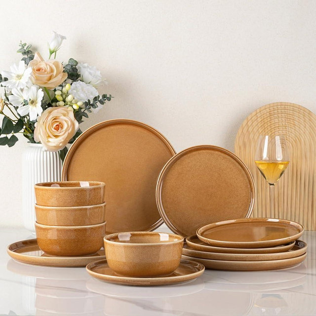 GBHOME Ceramic Dinnerware Sets for 4, 12 Pieces Stoneware Plates and Bowls Sets, Scratch Resistant Dishes, Dishwasher & Microwave Safe, Reactive Glaze-Amber