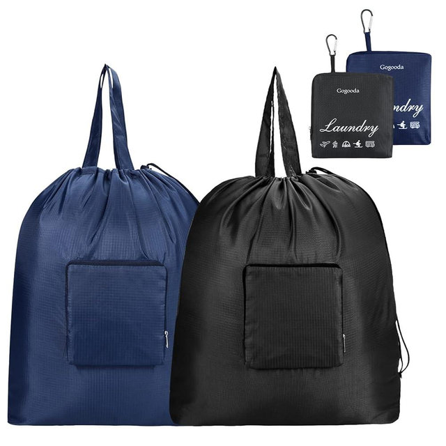 GOGOODA Travel Laundry Bags with Drawstring Closure XL Large Foldable Dirty Clothes bags with Handle Heavy Duty and Washable for College Dorm Travelling Camping, 2 Pack, Black & Dark Blue