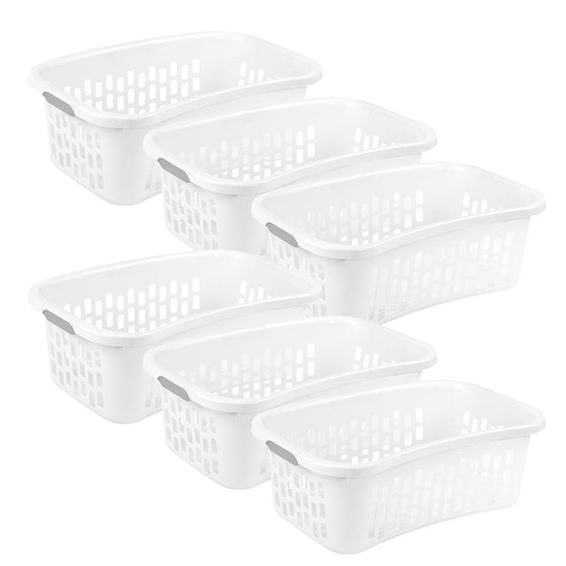 Sterilite 6 Pack HipHold Laundry Basket, Plastic Rectangle Clothes Hamper with Comfort Grip Handles & Reinforced Rim, 1.5 Bushel Capacity, White