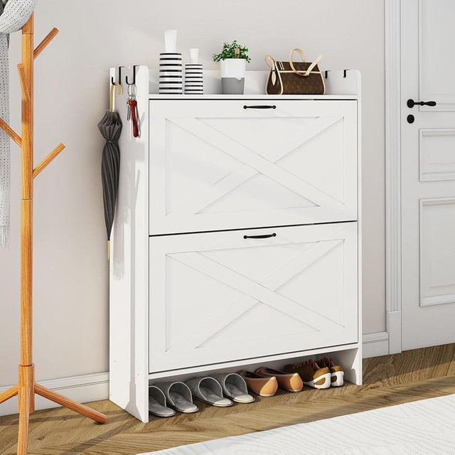 Huisenitre Shoe Cabinet with 2 Flip Drawers & Adjustable Shelf,Wood Shoe Organizer,Freestanding Hidden Shoe Storage Cabinet for Entryway,Hallway (White)