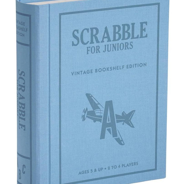 WS Game Company Scrabble for Juniors Vintage Bookshelf Edition: Linen Fabric-Wrapped Book Case — Educational Scrabble Jr. Board Game for Kids and Families (2-4 Players, Ages 5+)