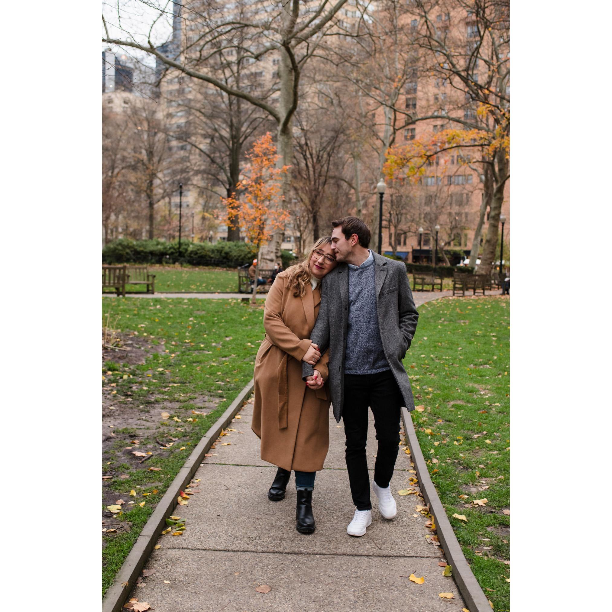 One of our favorite pictures from our engagement shoot. Walking through the park minutes after Jay proposed, feeling like we were on top of the world.