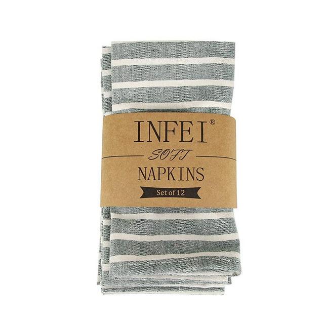 INFEI Soft Broad Striped Linen Cotton Dinner Cloth Napkins - Set of 12 (40 x 30 cm) - for Events & Home Use (Green)