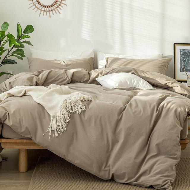 MooMee Bedding Duvet Cover Set 100% Washed Cotton Linen Like Textured Breathable Durable Soft Comfy (Mocha Brown, Oversized King)