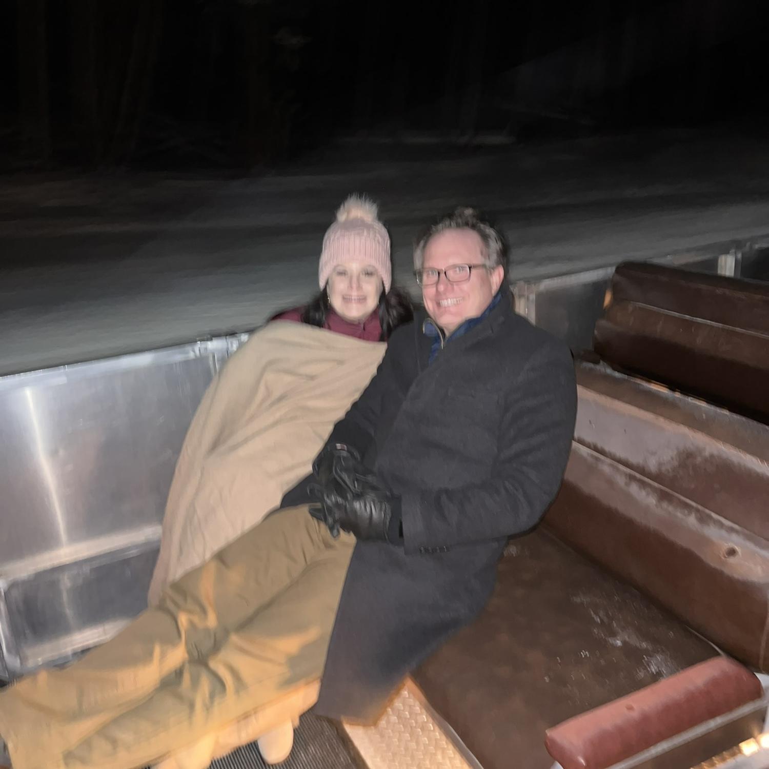Riding on a sleigh to a restaurant in Beaver Creek to celebrate Kim's birthday.
