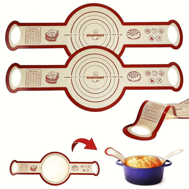 Sourdough Silicone Bread Sling for Dutch Oven, 2PCS Non-Stick Reusable Baking Mat with Long Handles, Essentials Bread Making Supplies for Dough Transfer and Loaf Pan Lifter Liner, Set 2Pcs Round