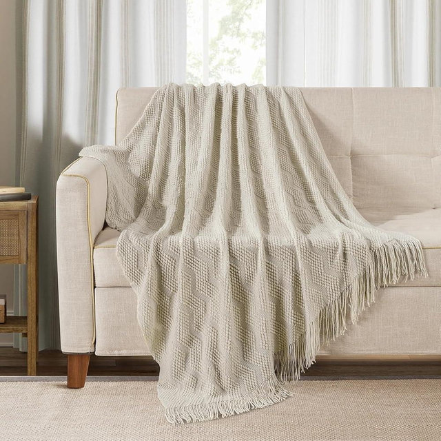 BOURINA Throw Blanket Textured Solid Soft Throws and Blankets for Sofa or Bed Knitted Decorative Blanket Ripple 50x60 Inches Beige