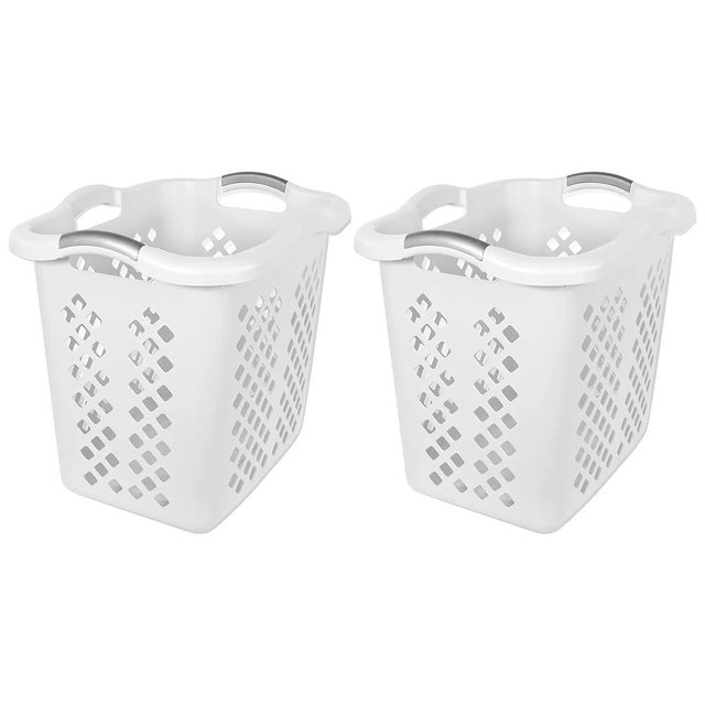 2 Pack Ultra Easy Carry Plastic Laundry Hamper, 2 Bushel Lamper Plastic Laundry Basket with Silver Handles,Dirty Clothes Laundry Hamper Bin for Home, Apartment, or Dorm Room (White)