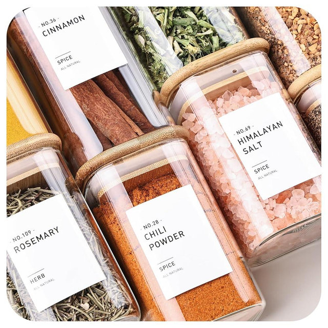 CZCZPLUS 16Pcs Glass Spice Jars with Bamboo Lids, include 4oz, 6oz, 8oz, 10oz Empty Square Containers With 340 Spice Labels Preprinted of White and Black Color, Spice Bottles for Seasoning Organizer