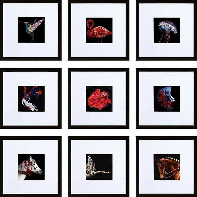 HEART ART 8x8 Black Picture Frame Set of 9,Display Pictures 4x4 with Mat or 8 x 8 without Mat,Multi Collage Gallery Square Photo Frames for Wall or Tabletop