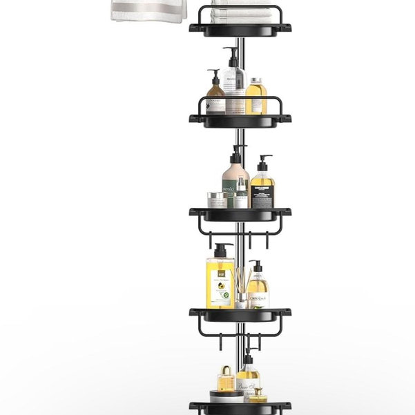 DYN Ptah 5 Tiers Corner Shower Caddy Tension Pole, Black Rustproof Shower Rack, Tall Tension Rod Shower Stand with 5 Shelves, 56 to 116 Inch Adjustable Free Standing Shower Organizer for Bathroom