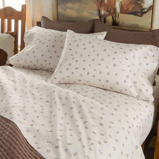 Rod's - Cattle Brands (Sheet Set) - Ticking Stripe - Beige Cream- 4 Piece Queen Sheet Set - Top Sheet (92x102) - Fitted Sheet (60x80x15) - 2 Standard Pillow Cases (20x30) – Cotton